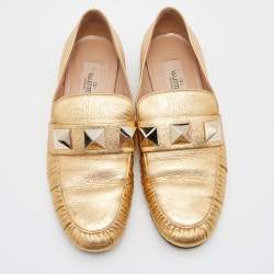 Pre Owned Valentino Metallic Gold Leather Rockstud Slip On Loafers Size 36.5