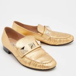 Pre Owned Valentino Metallic Gold Leather Rockstud Slip On Loafers Size 36.5