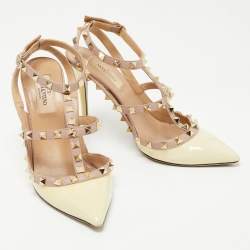 Pre Owned Valentino Cream Patent Leather Rockstud Ankle Strap Pumps Size 37