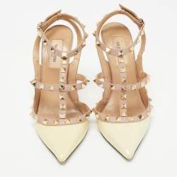 Pre Owned Valentino Cream Patent Leather Rockstud Ankle Strap Pumps Size 37
