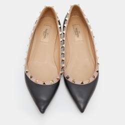 Pre Owned Valentino Black/Beige Leather Rockstud Pointed Toe Ballet Flats Size 39