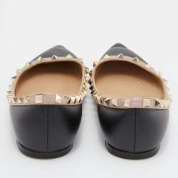 Pre Owned Valentino Black/Beige Leather Rockstud Pointed Toe Ballet Flats Size 39