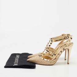 Pre Owned Valentino Gold Leather and Fabric Rockstud  Ankle Strap Pumps Size 37.5