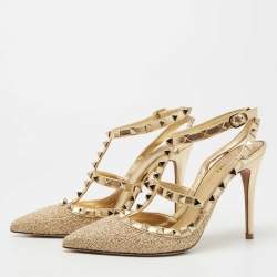 Pre Owned Valentino Gold Leather and Fabric Rockstud  Ankle Strap Pumps Size 37.5