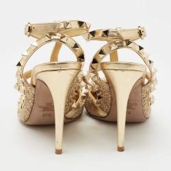 Pre Owned Valentino Gold Leather and Fabric Rockstud  Ankle Strap Pumps Size 37.5