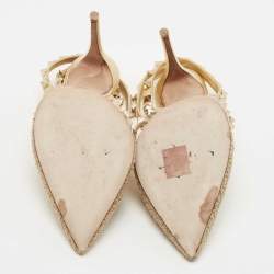 Pre Owned Valentino Gold Leather and Fabric Rockstud  Ankle Strap Pumps Size 37.5