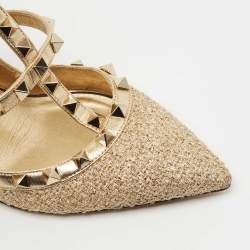 Pre Owned Valentino Gold Leather and Fabric Rockstud  Ankle Strap Pumps Size 37.5