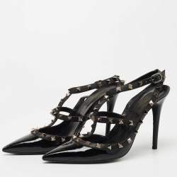 Pre Owned Valentino Black Patent and Leather Rockstud Caged Pumps Size 39