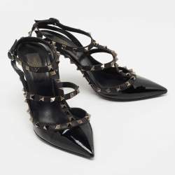 Pre Owned Valentino Black Patent and Leather Rockstud Caged Pumps Size 39