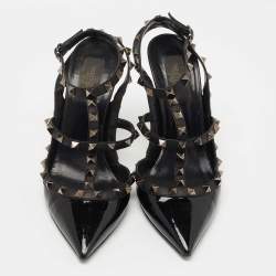 Pre Owned Valentino Black Patent and Leather Rockstud Caged Pumps Size 39