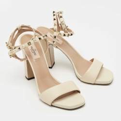 Pre Owned Valentino Cream Leather Rockstud Ankle Strap Sandals Size 40