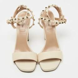 Pre Owned Valentino Cream Leather Rockstud Ankle Strap Sandals Size 40