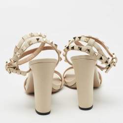 Pre Owned Valentino Cream Leather Rockstud Ankle Strap Sandals Size 40