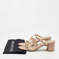 Pre Owned Valentino Dusty Pink Leather Rockstud Slide Sandals Size 38