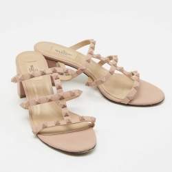 Pre Owned Valentino Dusty Pink Leather Rockstud Slide Sandals Size 38