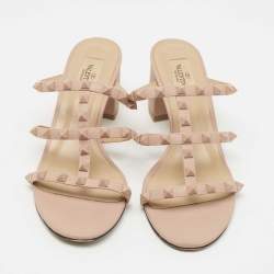 Pre Owned Valentino Dusty Pink Leather Rockstud Slide Sandals Size 38