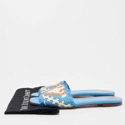 Pre Owned Valentino Blue/White Printed Canvas and Leather Trim Flat Slides Size 39.5