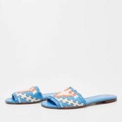 Pre Owned Valentino Blue/White Printed Canvas and Leather Trim Flat Slides Size 39.5