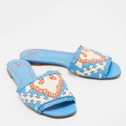 Pre Owned Valentino Blue/White Printed Canvas and Leather Trim Flat Slides Size 39.5