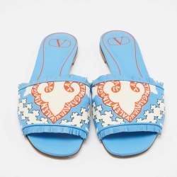Pre Owned Valentino Blue/White Printed Canvas and Leather Trim Flat Slides Size 39.5