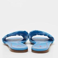 Pre Owned Valentino Blue/White Printed Canvas and Leather Trim Flat Slides Size 39.5