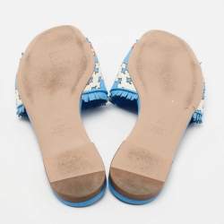 Pre Owned Valentino Blue/White Printed Canvas and Leather Trim Flat Slides Size 39.5