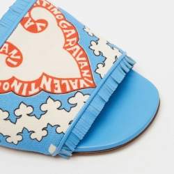 Pre Owned Valentino Blue/White Printed Canvas and Leather Trim Flat Slides Size 39.5