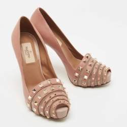 Pre Owned Valentino Dusty Pink Leather and Net Rockstud Peep Toe Pumps Size 36.5