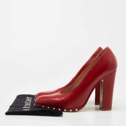 Pre Owned Valentino Red Leather Soul Rockstud Block Heel Pumps Size 39.5