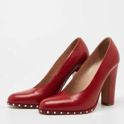 Pre Owned Valentino Red Leather Soul Rockstud Block Heel Pumps Size 39.5