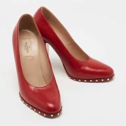 Pre Owned Valentino Red Leather Soul Rockstud Block Heel Pumps Size 39.5