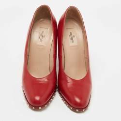 Pre Owned Valentino Red Leather Soul Rockstud Block Heel Pumps Size 39.5