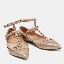 Pre Owned Valentino Beige Metallic Leather Rockstud Ankle Strap Ballet Flats Size 37