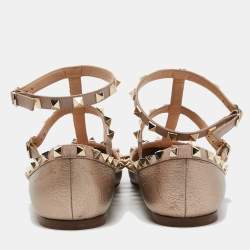 Pre Owned Valentino Beige Metallic Leather Rockstud Ankle Strap Ballet Flats Size 37