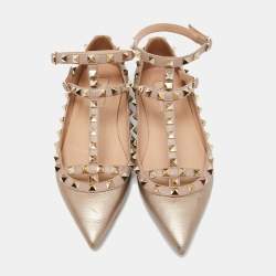 Pre Owned Valentino Beige Metallic Leather Rockstud Ankle Strap Ballet Flats Size 37