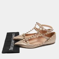 Pre Owned Valentino Beige Metallic Leather Rockstud Ankle Strap Ballet Flats Size 37
