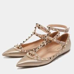 Pre Owned Valentino Beige Metallic Leather Rockstud Ankle Strap Ballet Flats Size 37