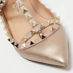 Pre Owned Valentino Beige Metallic Leather Rockstud Ankle Strap Ballet Flats Size 37