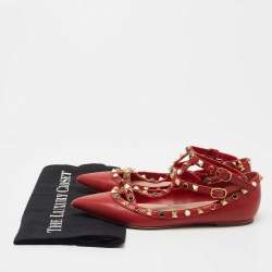 Pre Owned Valentino Red Leather Rolling Rockstud Ankle Strap Ballet Flats Size 36