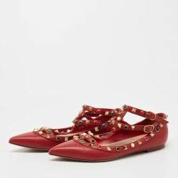 Pre Owned Valentino Red Leather Rolling Rockstud Ankle Strap Ballet Flats Size 36