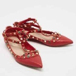 Pre Owned Valentino Red Leather Rolling Rockstud Ankle Strap Ballet Flats Size 36