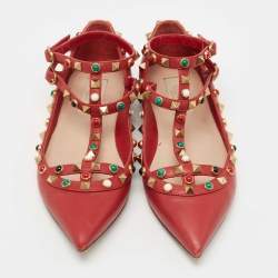 Pre Owned Valentino Red Leather Rolling Rockstud Ankle Strap Ballet Flats Size 36