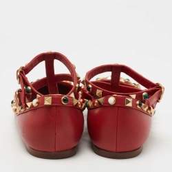 Pre Owned Valentino Red Leather Rolling Rockstud Ankle Strap Ballet Flats Size 36