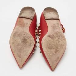 Pre Owned Valentino Red Leather Rolling Rockstud Ankle Strap Ballet Flats Size 36