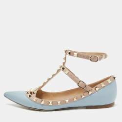 Pre Owned Valentino Blue/Beige Leather Rockstud Caged Ankle Strap Ballet Flats Size 37.5
