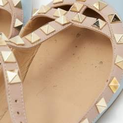 مملوكة مسبقًا Valentino Blue/Beige Leather Rockstud Caged Ankle Strap Ballet Flats Size 37.5