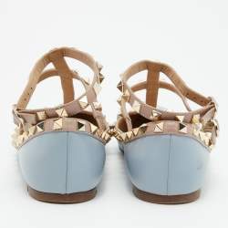 مملوكة مسبقًا Valentino Blue/Beige Leather Rockstud Caged Ankle Strap Ballet Flats Size 37.5