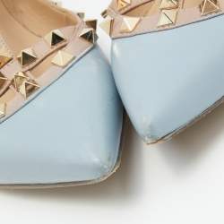 مملوكة مسبقًا Valentino Blue/Beige Leather Rockstud Caged Ankle Strap Ballet Flats Size 37.5