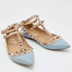 مملوكة مسبقًا Valentino Blue/Beige Leather Rockstud Caged Ankle Strap Ballet Flats Size 37.5