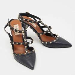 Pre Owned Valentino Navy Blue Leather Rockstud Ankle Strap Pumps Size 39.5